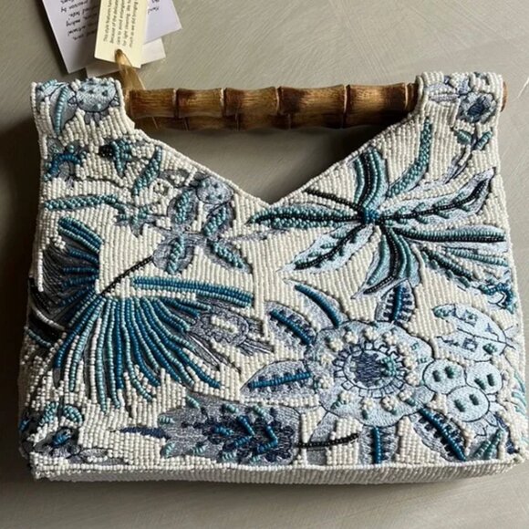Blue and White Floral Beaded Bamboo Handle Bag Viral Tik Tok Made in India NWT - Picture 7 of 8